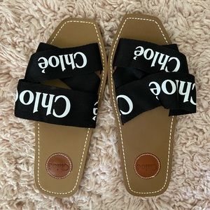 CHLOE Woody Flat Logo Canvas Black Sandals EU42